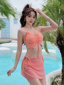 DAZY 3pcs/Set Women'S Drawstring Halter Neck Bikini Set - Watermelon Pink - View 1