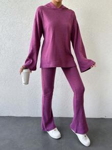 EURMUSE Women's Hooded Ribbed Sweater Two Piece Set With Long Sleeves - Purple - View 5