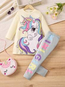 SHEIN 小女孩獨角獸印花長款上衣和字母印花打底褲套裝 - 黃色 - 查看 1