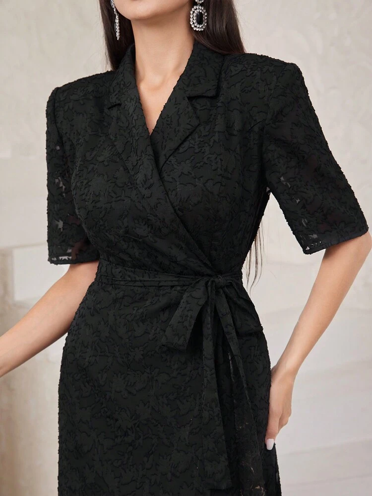 Women'S Collared Mesh Contrast Waist Cinched Dress