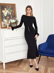 Modelyn Vestido Con Puños De Manga Esponjosos Y Dobladillo En Forma De Cola De Pez