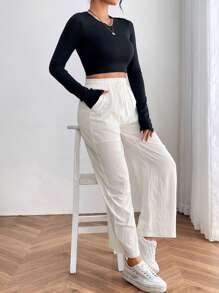 SHEIN PETITE Solid Loose Fit Pants - White - View 7
