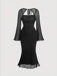 SHEIN MOD Mesh Contrast Hollow Out Long Sleeve Dress - Black - View 1