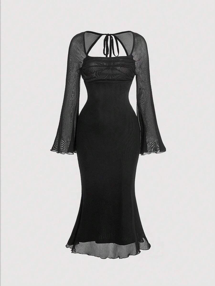 SHEIN MOD Mesh Contrast Hollow Out Long Sleeve Dress - Black - View 1