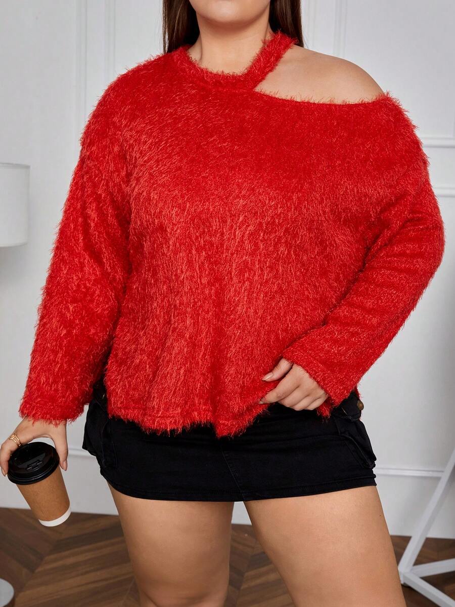 SHEIN Essnce Plus Cut Out Drop Shoulder Tee - Red - View 1