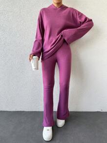 EURMUSE Women's Hooded Ribbed Sweater Two Piece Set With Long Sleeves - Purple - View 1