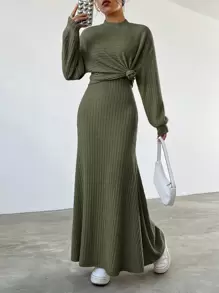 SHEIN EZwear Của phụ nữ màu trơn Đồ đan Ribbed 2 mảnh Bộ - xanh quân đội - Xem 1