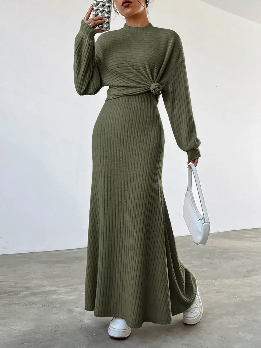 SHEIN EZwear Của phụ nữ màu trơn Đồ đan Ribbed 2 mảnh Bộ - xanh quân đội - Xem 1
