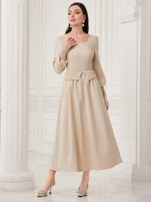 Modelyn Cổ vuông Tay áo lồng đèn Đầm - Màu be - Xem 5