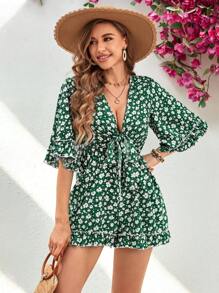 SHEIN VCAY 女士花卉圖案v領系帶前短連身褲 - 綠色 - 查看 2