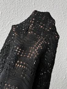 SHEIN LUNE Women's V-Neck Bell Sleeve Hollow Out Knit Sweater Knit Pullover Fall Winter Outfit - Black - View 7