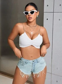 SHEIN SXY 女士牛仔短褲,帶流蘇邊和流蘇細節 - 藍色 - 查看 3