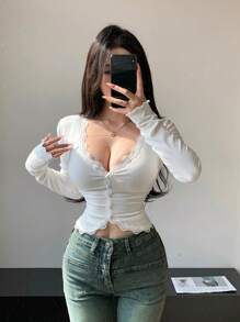 DAZY 女式纯色蕾丝拼布T恤长袖女式上衣 - 白色 - 查看 5