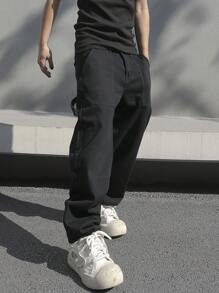 Manfinity EMRG 男士純色斜口口袋牛仔褲 - 黑色 - 查看 7