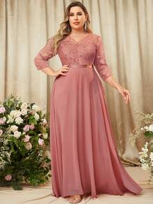 MIUSOL Plus Floral Lace Contrast Chiffon 3/4 Sleeve Formal Party Long Dress, Holiday Women Maxi Dress, Elegant Party Dress For Women, Formal Evening Gown, Prom Dress, For Wedding Guest, Graduation, Dinner - Dusty Pink - View 4