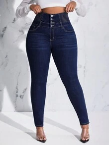 SHEIN Lady Women's Plus Size Slim Fit Jeans With Button And Whisker Design