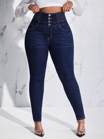 SHEIN SXY Women's Plus Size Slim Fit Jeans With Button And Whisker Design