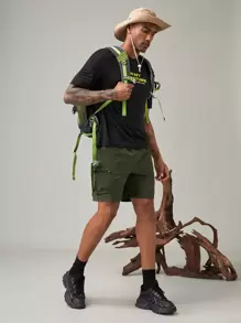 SHEIN In My Nature 男士實色有口袋和束口帶的工作短褲 - 軍綠色 - 查看 5