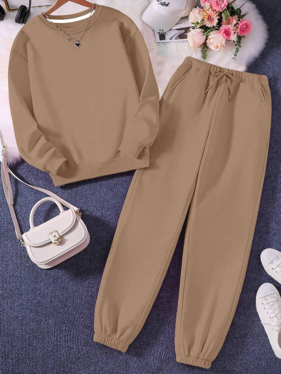 INAWLY Women's Solid Color Thermal Lined Casual Set Fall Cloth For Women - Khaki - View 1