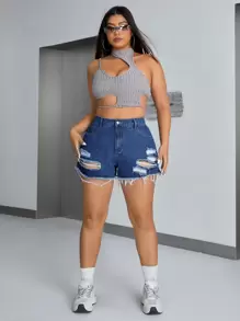 SHEIN ICON 大尺碼女士破壞風格牛仔短褲 - 藍色 - 查看 6