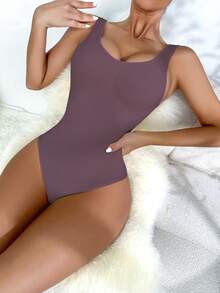 Women's Backless Waist Cincher Solid Color Bodysuit - Mauve Purple - View 6