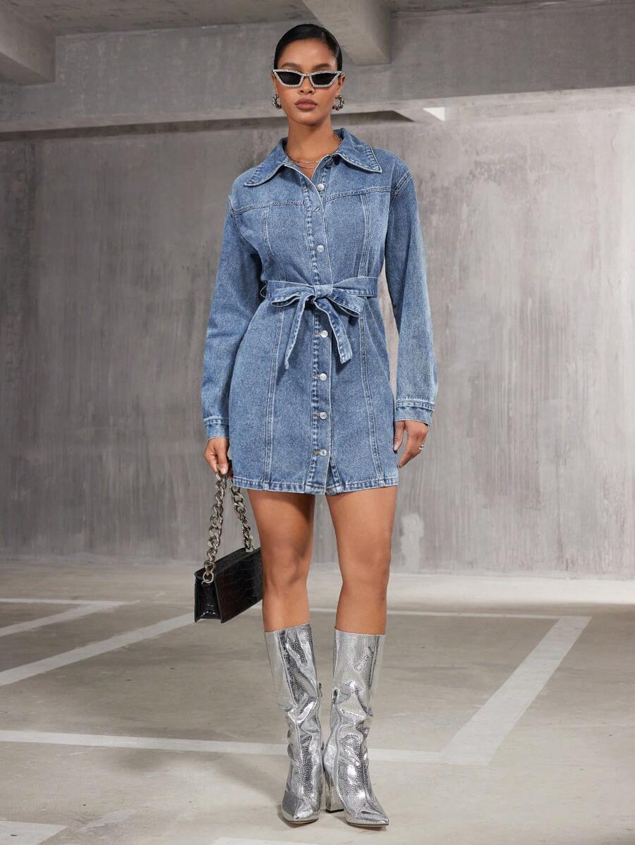 SHEIN BAE 女式腰帶牛仔襯衫連身裙 - 藍色 - 查看 1