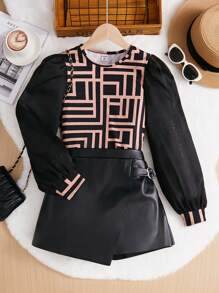 Tween Girls' Knit Geometric Pattern Round Neck Pullover With Puff Sleeves And Pu Leather Skirt Set - Multicolor - View 1