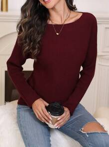 SHEIN LUNE Women's Plain Color Long Sleeve Knit Pullover Fall Winter Sweater - Burgundy - View 7