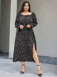 Dazy Plus 大码优雅碎花连衣裙，收腰设计，侧开衩，荷叶边，秋季度假装扮女装 - 黑色 - 查看 5