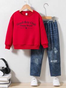 年轻男孩圆领字母印花运动衫和牛仔效果裤套装，休闲 - 彩色 - 查看 1