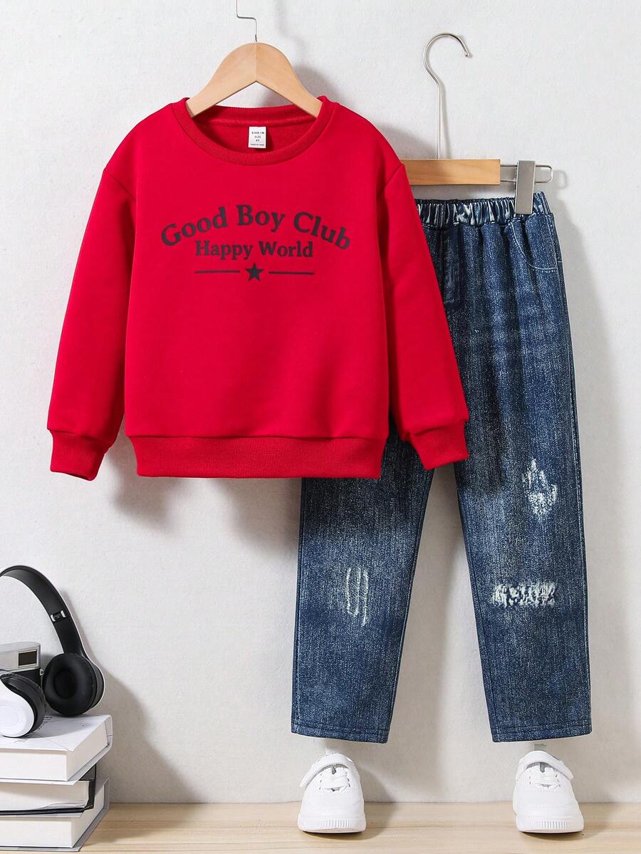 年轻男孩圆领字母印花运动衫和牛仔效果裤套装，休闲 - 彩色 - 查看 1