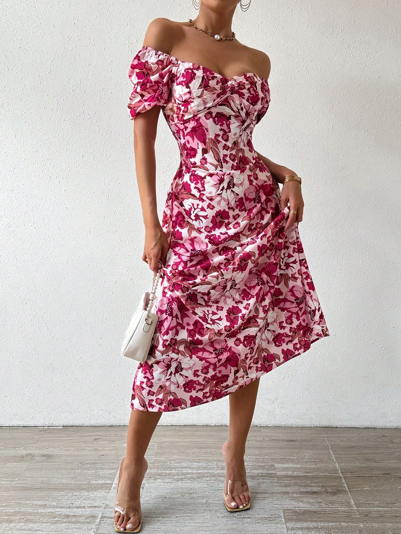 SHEIN VCAY Ladies Off Shoulder Floral Printed Dress SHEIN USA shein-vcay-ladies-off-shoulder-floral-printed-dress-shein-usa