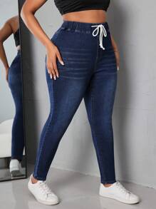 SHEIN SXY Plus Size Drawstring Waist Washed Skinny Jeans