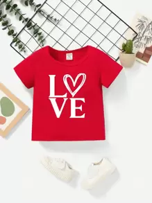 SHEIN Dziecko Chłopaka Walentynki Love Serce Nadruk z napisem Codzienny Krótki Rękaw Topy , Odpowiedni Na lato