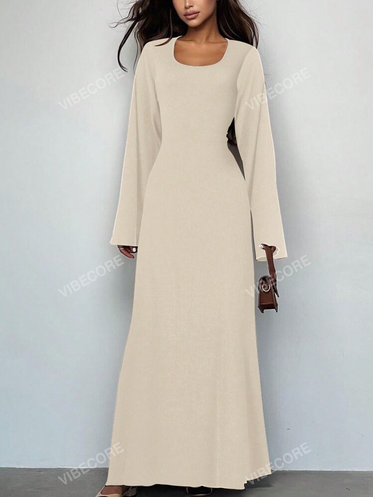 Women Casual Round Neck Bodycon Long Flare Sleeves Back Tie