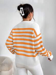 SHEIN Essnce 條紋圖案落肩袖套頭毛衣 - 白色 - 查看 2