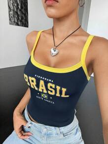 SHEIN EZwear Regata Cropped com Recorte Colorido e Estampa de Letra "PINDORAMA BRASIL AMÉRICA DO SUL" - Azul Marinho - Visão 1