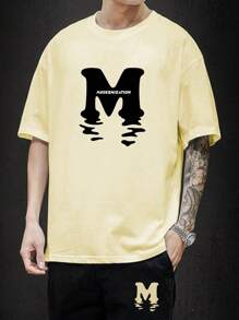 Manfinity Hypemode 男士字母印花下垂肩t恤和短褲套裝 - 卡其色 - 查看 1