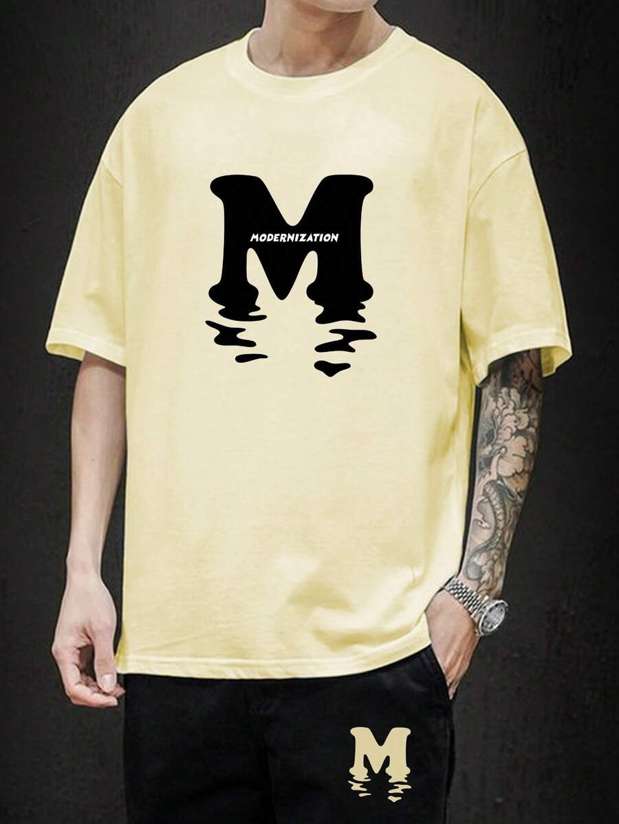 Manfinity Hypemode 男士字母印花下垂肩t恤和短褲套裝 - 卡其色 - 查看 1