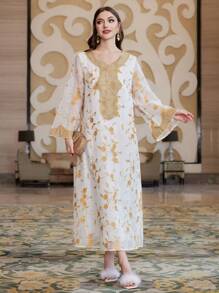 Al Najma 色塊刺繡花卉拼接鈴袖連衣裙 - 杏色 - 查看 1