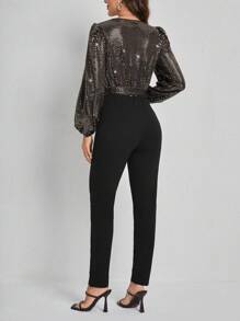 SHEIN Frenchy Women's Shiny Patchwork Lantern Sleeve Jumpsuit - Champagne - View 2