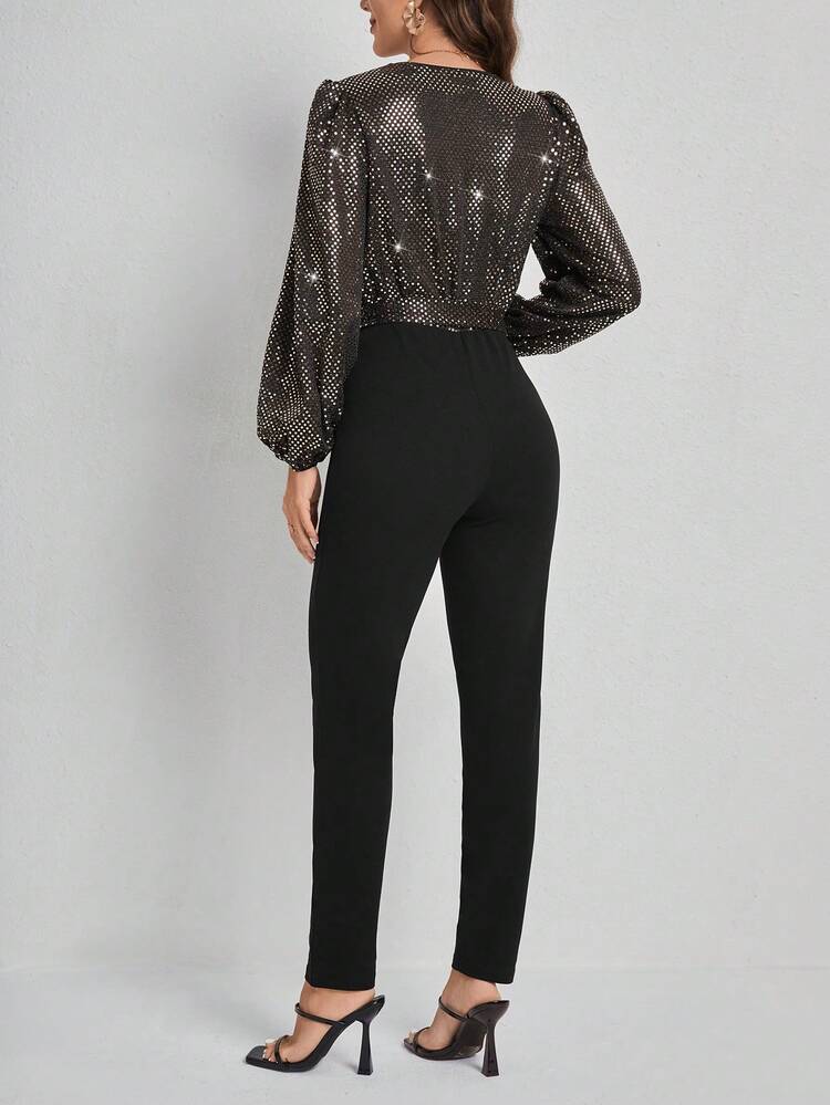 Women's Shiny Patchwork Lantern Sleeve Jumpsuit
