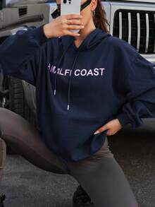 EURMUSE Letter Graphic Drop Shoulder Drawstring Hoodie - Navy Blue - View 7