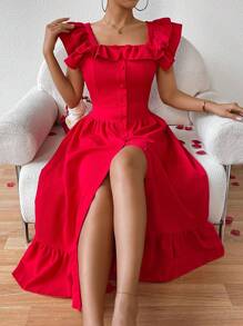 Chiquease 女士荷葉邊方領單排扣連衣裙 - 紅色 - 查看 1