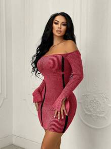 Zolique 女士離肩分裂袖修身毛衣連身裙 - 紅色 - 查看 5