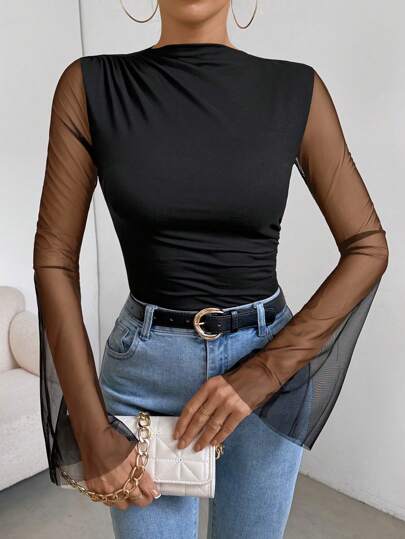 Chiquease Mesh Flare Sleeve Bodysuit Fall Cloth For Women