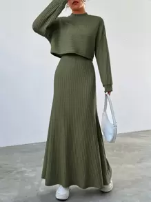 SHEIN EZwear Của phụ nữ màu trơn Đồ đan Ribbed 2 mảnh Bộ - xanh quân đội - Xem 5