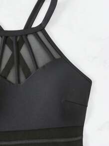 SHEIN Swim 女士網紗拼接領口一片式泳衣狂歡節