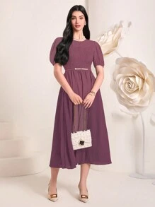 Mulvari Solid Puff Sleeve A-Line Dress Casual Women Dresses - Maroon - View 6