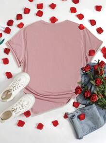 SHEIN EZwear Plus Size Women's Short Sleeve T-Shirt With Letter And Bear Print - Coral Pink - View 2